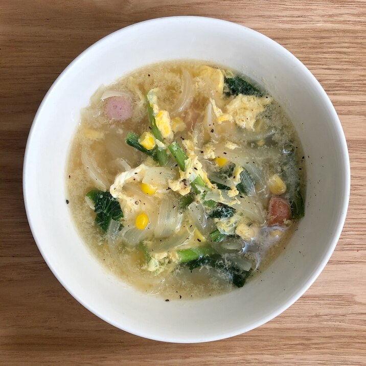 小松菜とコーンとウィンナーのスープ